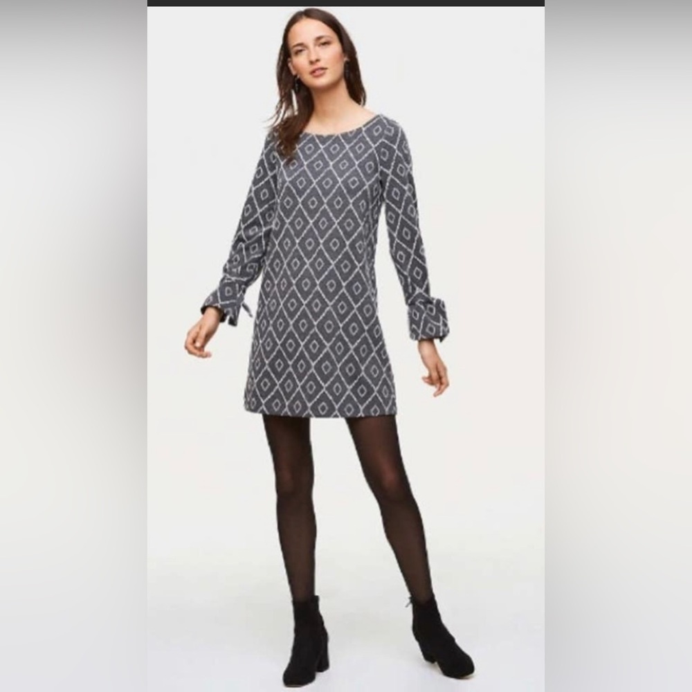 Loft Grey Diamond Polyester Wool Blend Long Sleeve Tie Cuff Shift Dress large